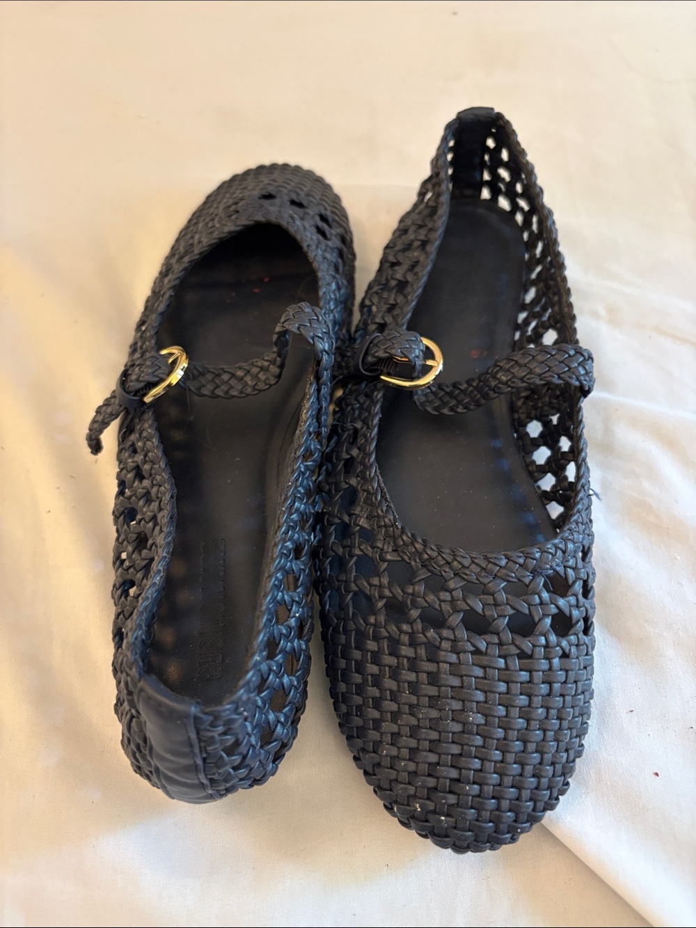 Navy Woven Mary Jane Flats with Gold Buckle